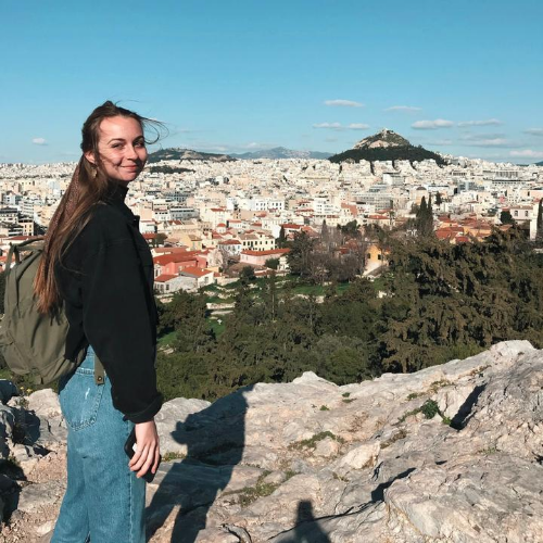 Trinity University student Erin Hahn overlooking the ancient Athenian Agora